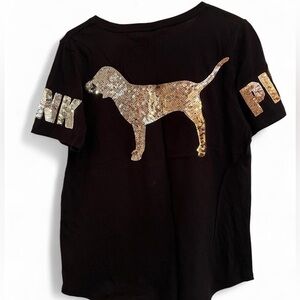 PINK Victoria's Secret Black Tee with Gold/Silver Sequin Dog